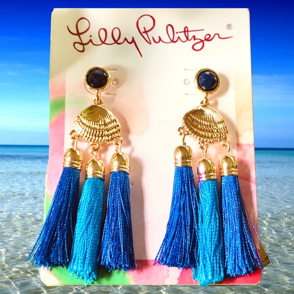 LILLY PULITZER EARRINGS NWT SEASIDE TASSEL ⭐️Capri Blue/Gold SHELLS-PIERCED-POST - Picture 8 of 9